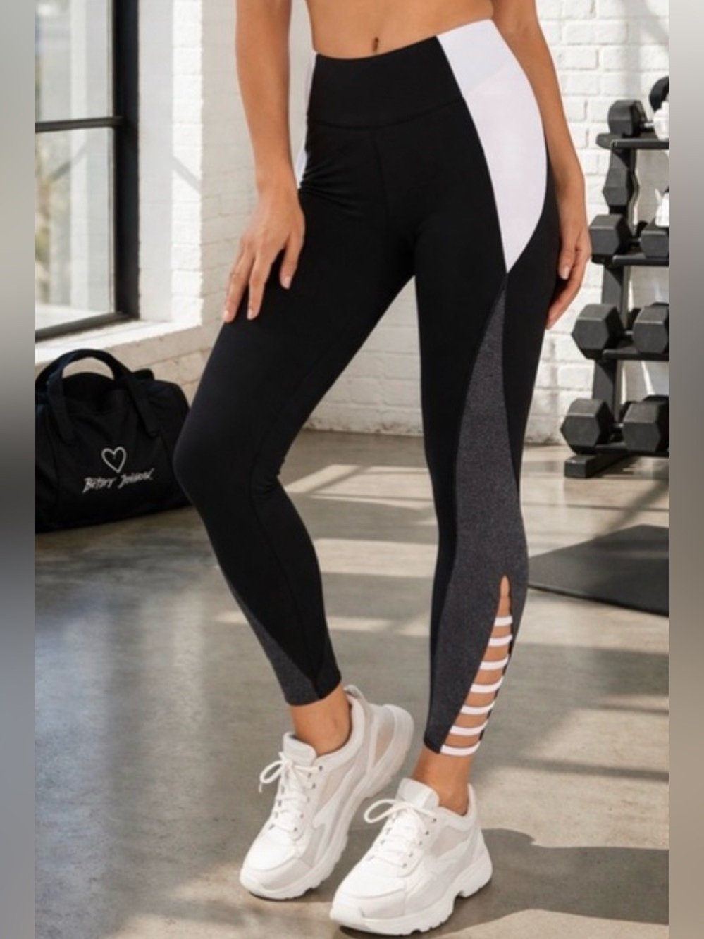 Betsey Johnson High Rise Colorblock Leggings XS Strappy Cutout Black White NWT